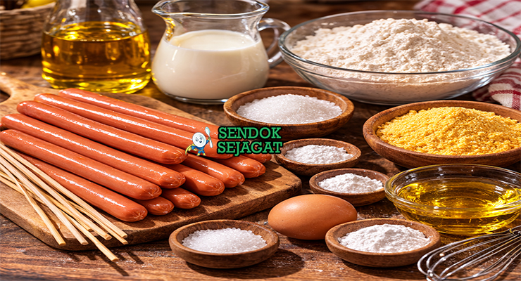 Bahan-bahan resep Corn Dog termasuk sosis hotdog, tepung terigu, tepung jagung, susu, telur, baking powder, dan minyak goreng siap digoreng