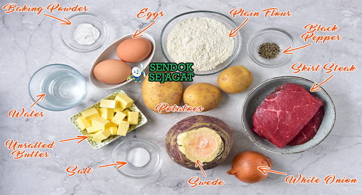 Bahan-bahan resep Cornish Pasty termasuk tepung terigu, mentega, daging sapi, kentang, swede, bawang bombay, dan telur siap dipanggang