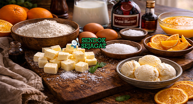 Bahan-bahan resep Crêpes Suzette termasuk tepung terigu, telur, susu, mentega, jeruk, Grand Marnier, dan gula siap dibuat