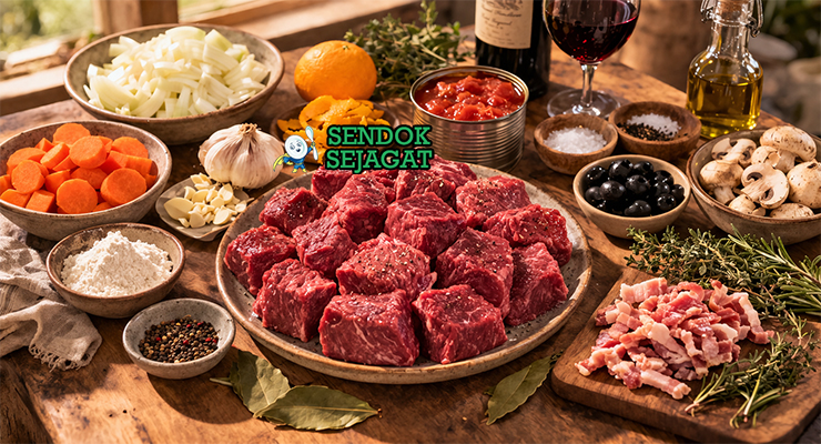 Susunan bahan resep daube provençale terdiri dari potongan daging sapi segar, botol anggur merah, wortel, bawang bombay, jeruk orange, dan rempah thyme serta rosemary di meja dapur cerah