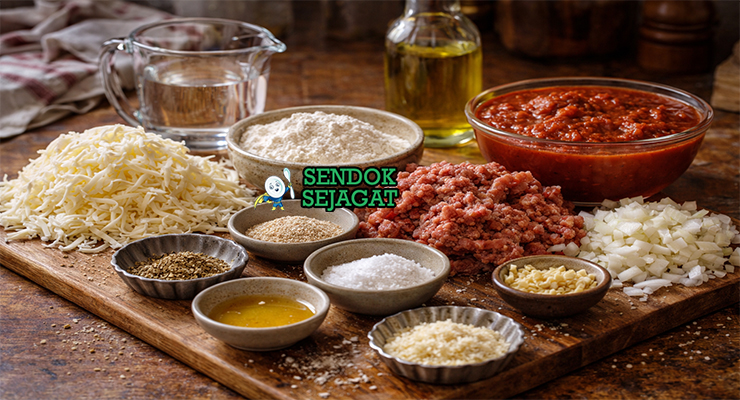 Koleksi bahan resep Deep Dish Pizza termasuk tepung terigu, ragi, daging sapi cincang, keju mozzarella, saus tomat, bawang bombay, bawang putih, dan oregano siap dipanggang