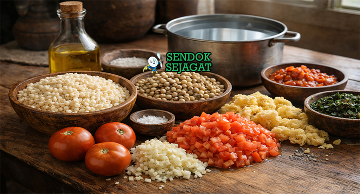 Bahan-bahan resep Dikgobe termasuk samp jagung, kacang polong, bawang bombay, tomat, dan rempah siap direbus