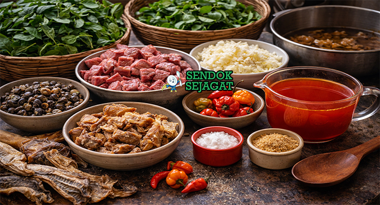 Koleksi bahan resep Edikang Ikong termasuk daun ugu segar, daun air, daging sapi, periwinkle, minyak sawit, bawang bombay, cabai, dan crayfish siap dimasak ala Nigeria