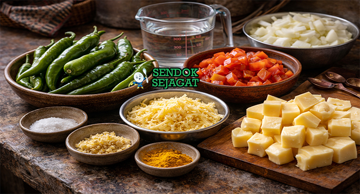 Koleksi bahan resep Ema Datshi termasuk cabai hijau besar, keju feta atau cheddar, bawang bombay, tomat, jahe, bawang putih, dan mentega siap diolah