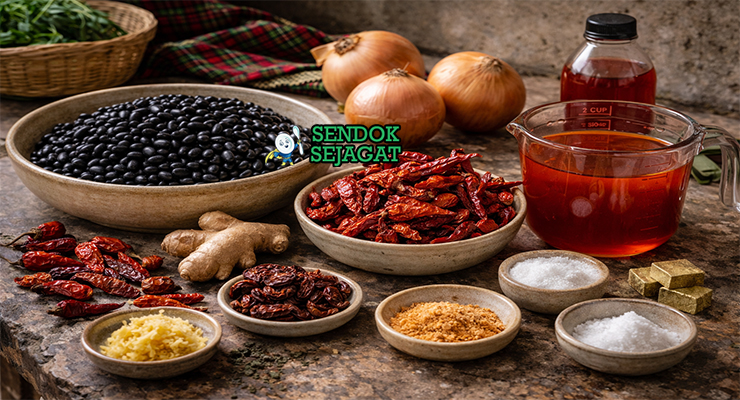 Koleksi bahan resep Ewa Agoyin termasuk kacang oloyin fresh, cabai kering tatashe, bawang bombay, minyak kelapa sawit, bubuk udang kering, dan rempah Nigeria siap diolah