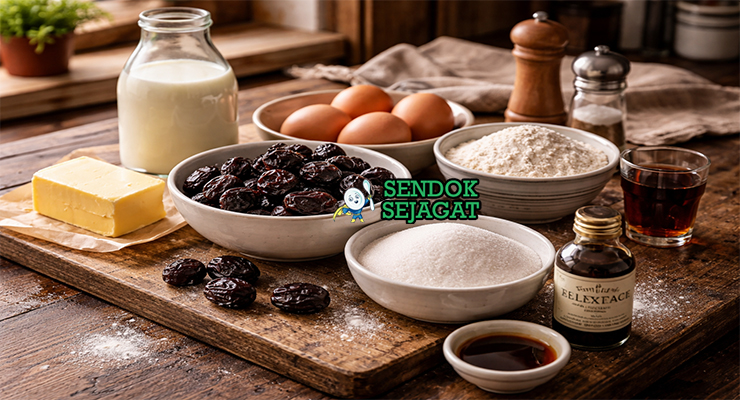 Koleksi bahan resep Far Breton termasuk susu full cream, telur segar, tepung terigu, gula, mentega, vanilla, dan prune kering siap direndam rum