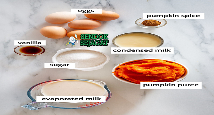 Bahan-bahan resep Flan de Calabaza termasuk labu kuning kukus, kuning telur, susu kental manis, susu evaporasi, gula pasir, dan kayu manis siap dibuat