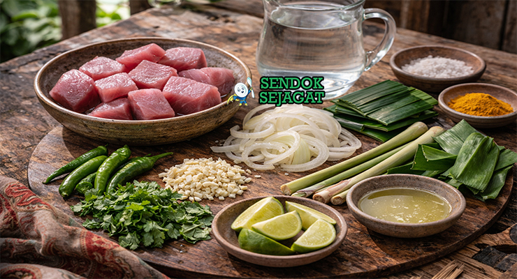 Koleksi bahan resep Garudhiya termasuk tuna skipjack, air kelapa, bawang bombay, bawang putih, cabai hijau, serai, daun pandan, dan jeruk nipis siap dimasak