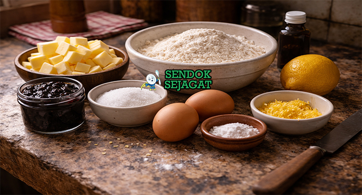 Koleksi bahan resep Gâteau Basque termasuk tepung terigu, mentega, telur, gula, baking powder, selai cerry hitam, vanilla, dan lemon siap dipanggang