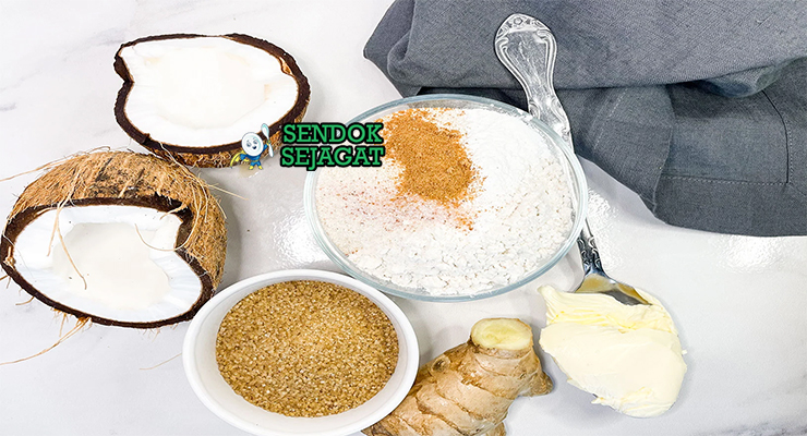 Bahan-bahan resep Gizzada termasuk tepung terigu, kelapa parut segar, gula pasir, mentega, telur, kayu manis, dan vanila siap dipanggang