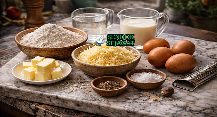 Koleksi bahan resep Gougères termasuk tepung terigu, mentega, telur, susu, keju Gruyère parut, garam, dan merica siap diolah jadi adonan choux