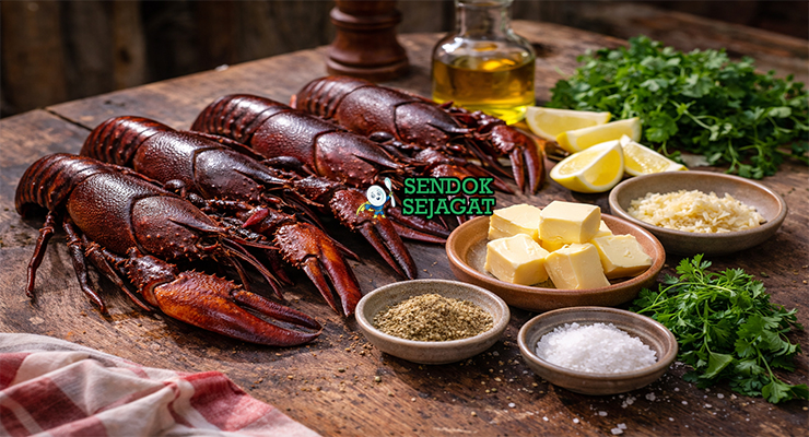 Koleksi bahan resep Grilled WA Marron termasuk marron WA fresh, mentega, bawang putih, bubuk lemon myrtle, minyak zaitun, garam, merica, dan lemon segar siap dipanggang