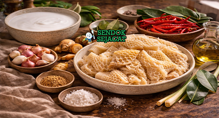 Kumpulan bahan segar resep gulai babat khas Padang: babat sapi, santan, rempah lengkap seperti kunyit, serai, dan cabai merah di atas meja kayu