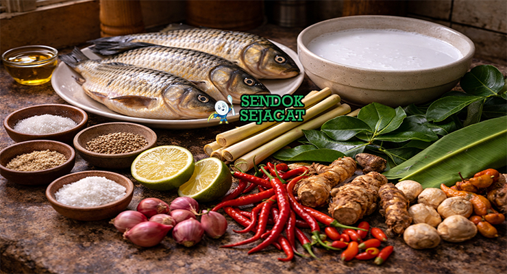 Koleksi bahan resep Gulai Ikan Mas termasuk ikan mas fresh, santan kental, cabai merah, kunyit, jahe, serai, dan rempah Padang siap diolah