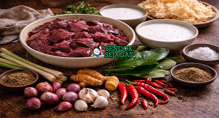 Bahan-bahan resep Gulai Limpa termasuk limpa sapi, santan, bawang merah putih, cabai, kunyit, jinten, dan rempah siap direbus