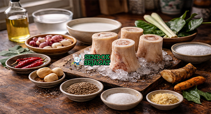 Koleksi bahan resep Gulai Sumsum termasuk sumsum tulang sapi fresh, santan kental, bumbu halus, serai, daun jeruk, lengkuas, dan rempah Padang siap diolah