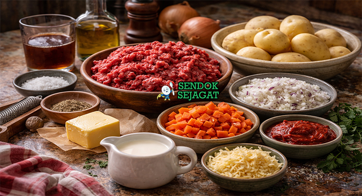 Koleksi bahan resep Hachis Parmentier termasuk daging sapi cincang, kentang, bawang bombay, wortel, pasta tomat, kaldu, mentega, susu, dan keju Gruyère siap dipanggang