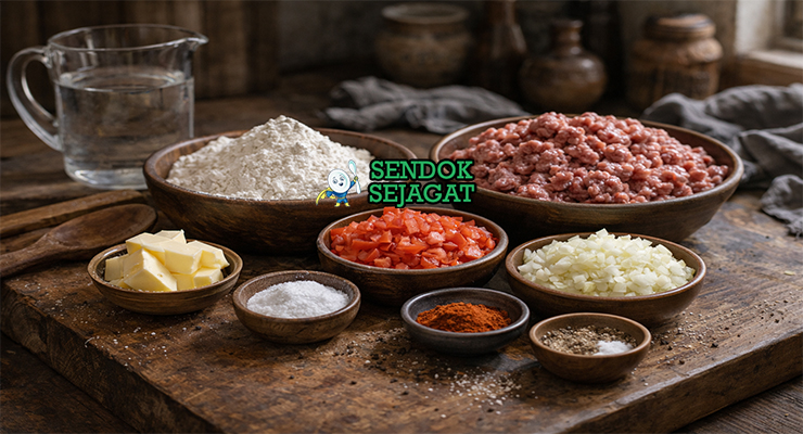 Bahan resep ichlekli khas Turkmenistan: daging cincang, tepung terigu, tomat, bawang bombay, paprika merah, dan mentega di atas meja kayu alami