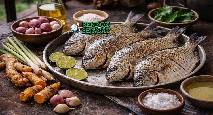 Koleksi bahan resep Ikan Baronang Bakar termasuk ikan baronang fresh, kunyit segar, bawang merah, bawang putih, jahe, serai, daun jeruk, dan jeruk nipis siap dipanggang ala Makassar