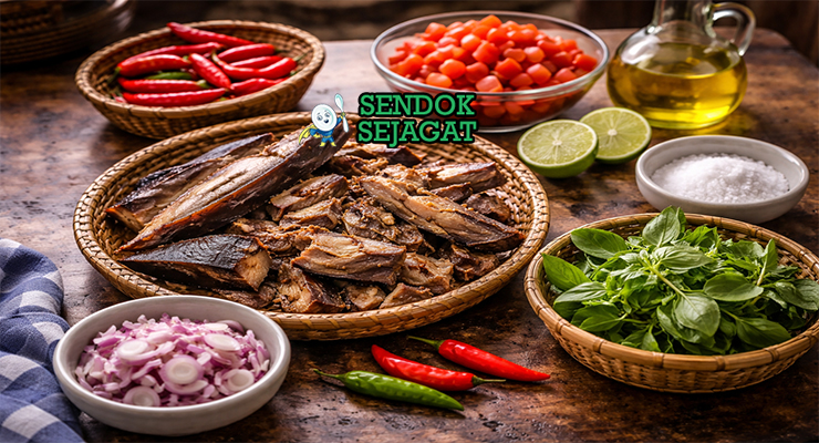 Koleksi bahan resep Ikan Cakalang Suwir Dabu-dabu termasuk ikan cakalang asap, tomat segar, bawang merah, cabai rawit, jeruk nipis, garam, dan daun kemangi siap disuwir dan diaduk