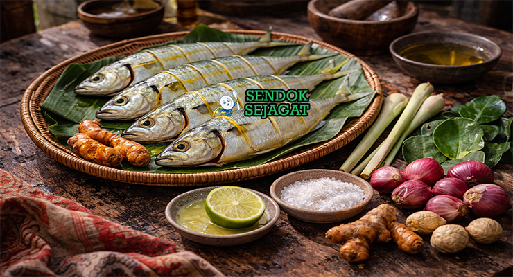 Koleksi bahan resep Ikan Selar Bumbu Kuning termasuk ikan selar fresh, kunyit segar, bawang merah, bawang putih, kemiri, jahe, serai, dan daun jeruk siap diolah ala Maluku