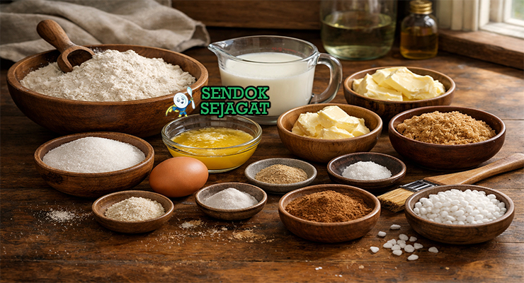 Bahan-bahan resep Kanelbullar termasuk tepung terigu, susu, mentega, ragi, gula, bubuk kayu manis, dan kapulaga siap diuleni