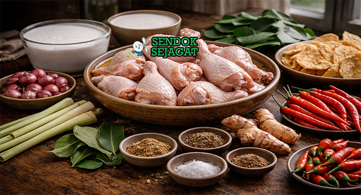 Bahan-bahan resep Kari Ayam Medan termasuk ayam potong, santan, bawang merah putih, cabai, kunyit, jinten, dan rempah siap direbus
