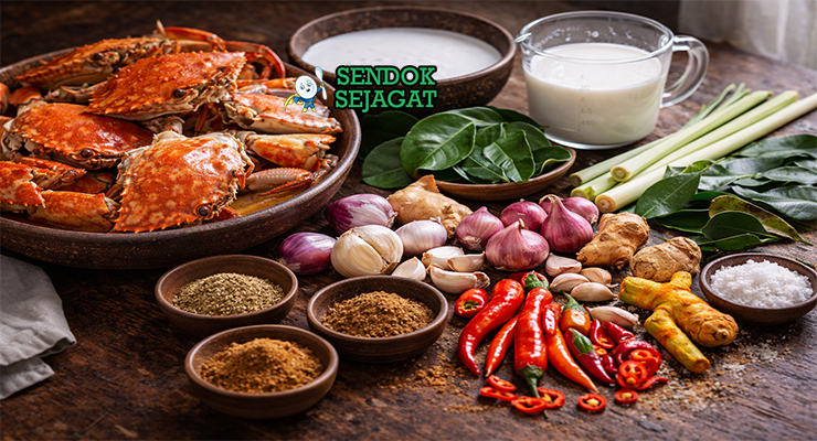 Bahan-bahan resep Kari Kepiting termasuk kepiting segar, santan, bawang merah putih, cabai, kunyit, jinten, dan rempah siap direbus