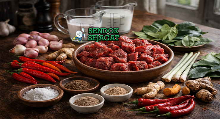 Bahan-bahan resep Kari Sapi termasuk daging sapi, santan, bawang merah putih, cabai, kunyit, jinten, dan rempah siap direbus