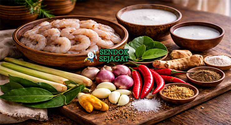Bahan-bahan resep Kari Udang termasuk udang segar, santan, bawang merah putih, cabai, kunyit, jinten, dan rempah siap direbus