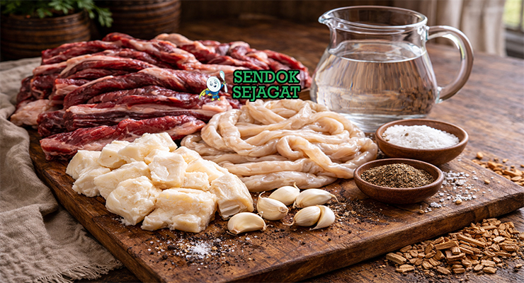 Bahan-bahan resep Kazy termasuk daging kuda rib, lemak, garam, lada, bawang putih, dan casing usus kuda siap diisi