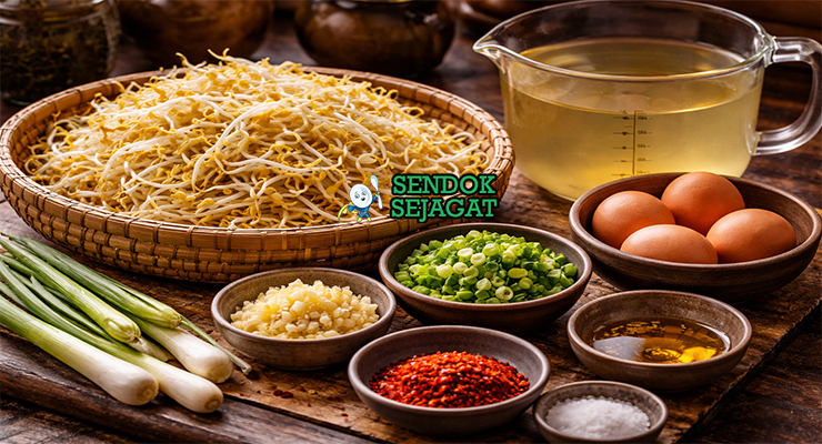 Koleksi bahan resep Kongnamul Guk termasuk kecambah kedelai segar, kaldu ikan teri, bawang putih, daun bawang, minyak wijen, garam, dan gochugaru siap direbus