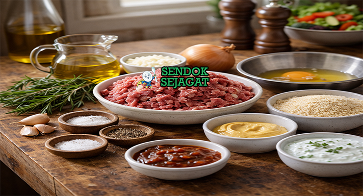 Bahan-bahan resep Lamb and Rosemary Rissoles termasuk daging domba cincang, rosemary segar, bawang bombay, breadcrumbs, telur, dan mustard siap dipanggang