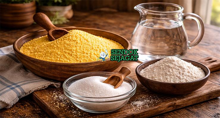Bahan-bahan resep Mageu termasuk tepung jagung, tepung gandum, gula, air, dan pisang opsional siap difermentasi