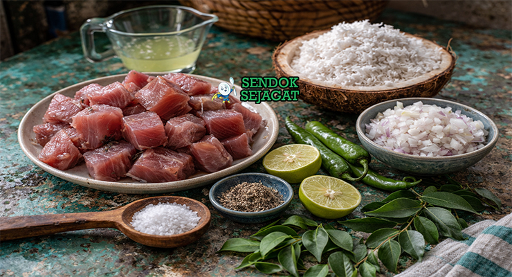 Koleksi bahan resep Mas Huni termasuk tuna skipjack, kelapa parut segar, bawang bombay, cabai hijau, jeruk nipis, garam, dan daun kari siap diaduk
