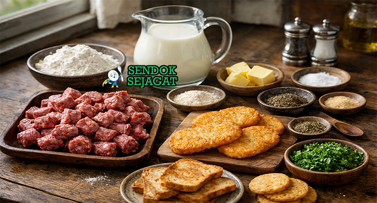 Bahan-bahan resep Sausage Gravy termasuk sosis sapi cincang, tepung terigu, susu full cream, mentega, garam, lada, dan rempah siap dimasak