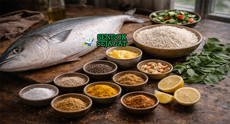 Bahan-bahan resep Mashuai termasuk ikan kingfish utuh, rempah jinten kunyit, beras basmati, lemon, ghee, dan daun kari siap dipanggang