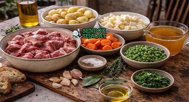 Koleksi bahan resep Navarin d’Agneau termasuk daging domba potong dadu, kentang kecil, wortel, lobak, bawang bombay, pasta tomat, kaldu, thyme, dan daun salam siap dipanggang lambat