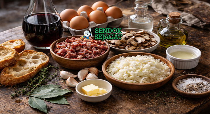 Koleksi bahan resep Oeufs en Meurette termasuk telur segar, anggur merah Burgundy, bacon, jamur, bawang bombay, bawang putih, thyme, daun salam, dan roti baguette siap diolah