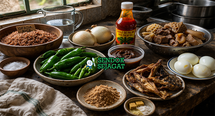 Koleksi bahan resep Ofada Rice and Ayamase termasuk beras ofada, cabai hijau, minyak sawit, iru, daging campur, dan bawang siap diolah ala Nigeria