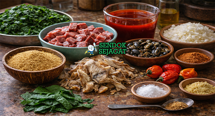 Koleksi bahan resep Ogbono Soup termasuk bubuk ogbono, daun ugu, daging sapi, periwinkle, minyak sawit, bawang bombay, cabai, dan crayfish siap dimasak ala Nigeria