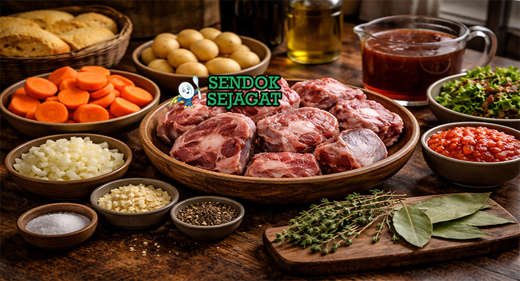Bahan-bahan resep Oxtail Potjie termasuk buntut sapi, wortel, kentang, bawang bombay, anggur merah, rempah, dan kaldu siap direbus
