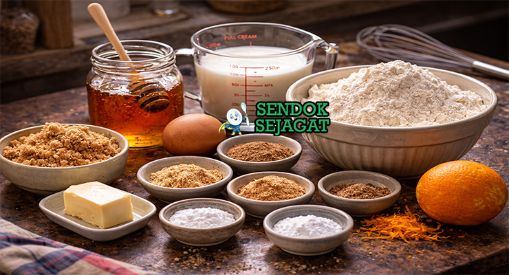 Koleksi bahan resep Pain d'Épices termasuk madu, gula merah, tepung terigu, rempah kayu manis, jahe, cengkeh, pala, telur, dan susu siap dipanggang