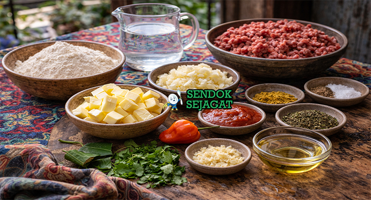 Koleksi bahan resep Pate Kòde termasuk tepung terigu, mentega, daging sapi cincang, bawang bombay, cabai scotch bonnet, thyme, dan rempah Haiti siap diolah