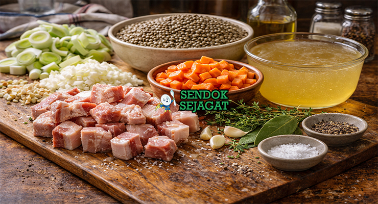 Koleksi bahan resep Petit Salé aux Lentilles termasuk daging babi asin, kacang lentil hijau, wortel, bawang bombay, bawang putih, thyme, daun salam, dan kaldu siap dimasak lambat