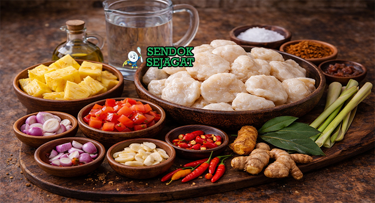 Bahan-bahan resep Pindang Kemplang termasuk kemplang ikan, nanas, bawang merah putih, cabai rawit, tomat, dan rempah siap direbus