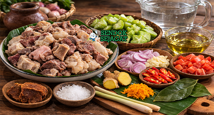 Bahan-bahan resep Pindang Tetelan termasuk tetelan daging sapi, belimbing wuluh, bawang merah putih, cabai rawit, tomat, dan rempah siap direbus