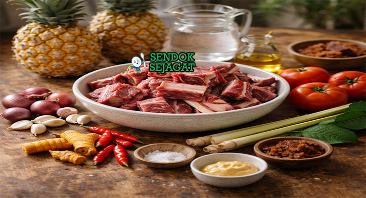Bahan-bahan resep Pindang Tulang Iga Sapi termasuk tulang iga sapi, nanas matang, bawang merah putih, cabai rawit, tomat, dan rempah siap direbus