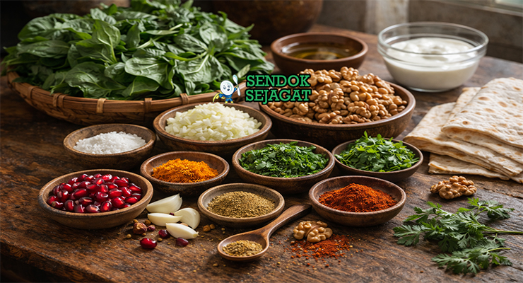Bahan-bahan resep Pkhali termasuk bayam segar, kacang kenari, bawang putih, cilantro, blue fenugreek, dan rempah siap dihaluskan