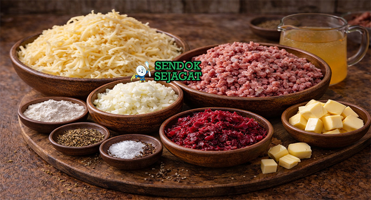 Bahan-bahan resep Poutine Râpée termasuk kentang parut, daging babi cincang, tepung kentang, bawang bombay, garam, dan lada siap direbus